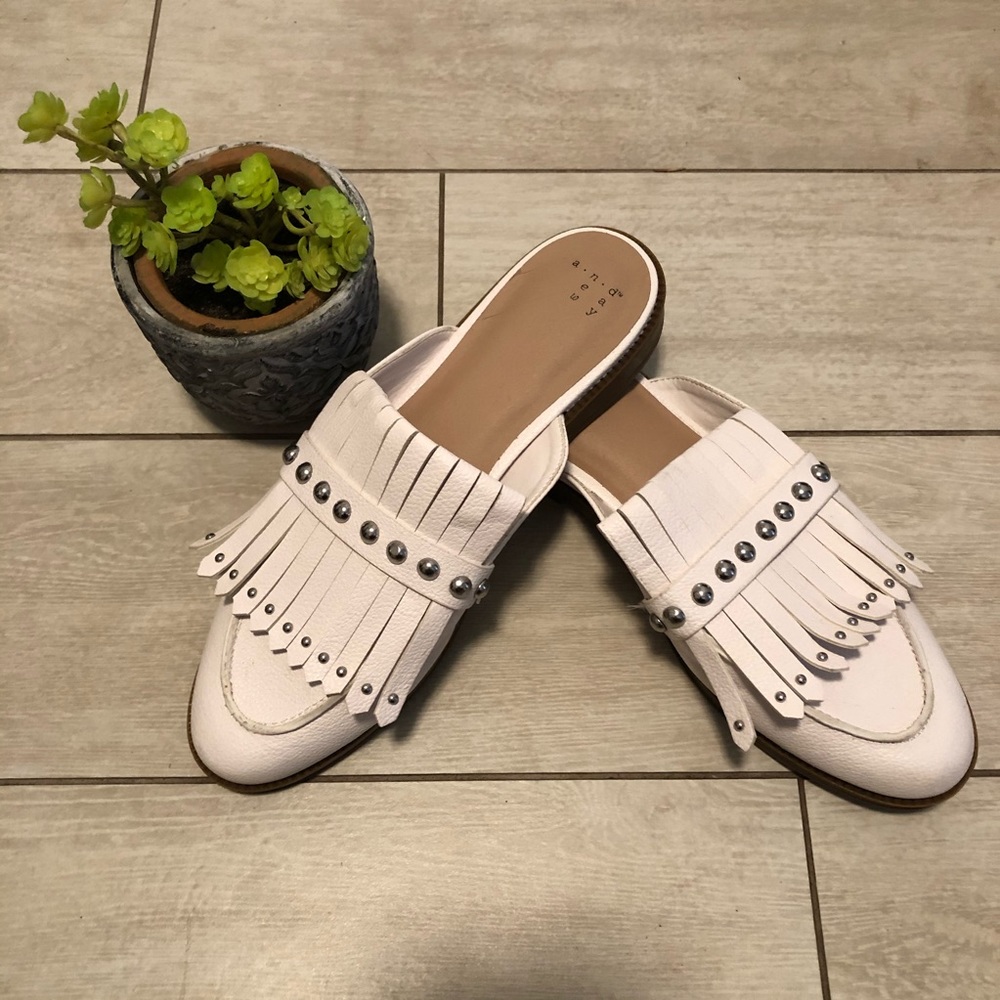 Fringe Studded White Mules